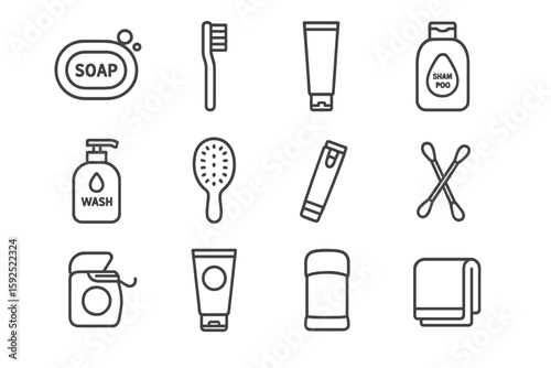 Bathroom essentials icon set: soap, shampoo, toothbrush, towel, deodorant