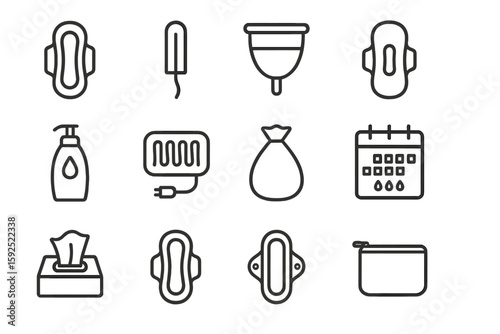 Menstrual hygiene icons: pads, tampons, cups, soap, dispenser, calendar