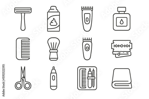 Grooming essentials icons: razor, shaving cream, clippers, scissors