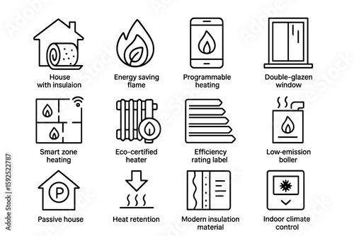 Energy saving home icons for efficient heating and insulation solutions