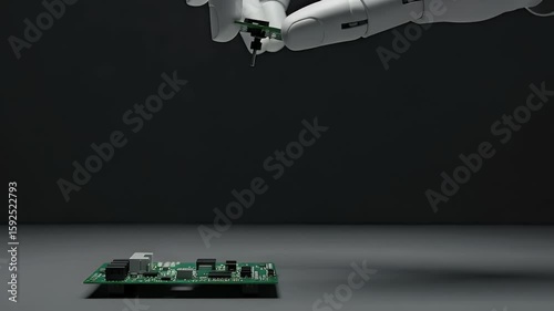 Mechanical hand placing a component onto an electronic circuit board against a dark background. Close up view of precise engineering.
