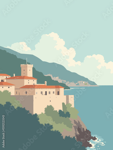 Savona, Italy – Priamar Fortress overlooking Ligurian Sea in stone gray, seafoam, terracotta, and pale blue
