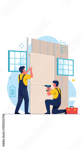 Professional construction workers skillfully installing drywall panels on a building interior with tools and windows in the background