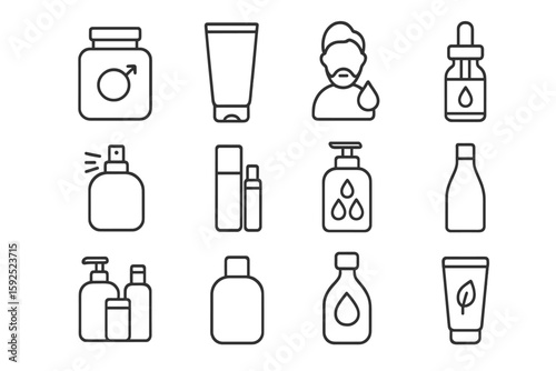 Skincare icons set featuring bottles, tubes, and male silhouette on dark background