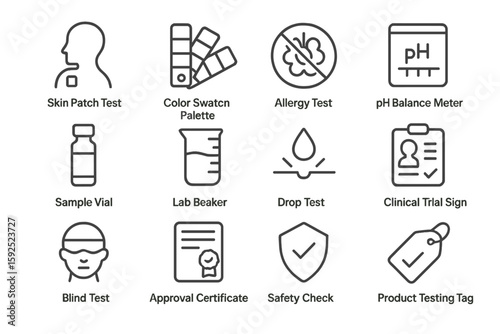 Skincare testing icons: allergy, ph, vial, beaker, safety, certificate, tag