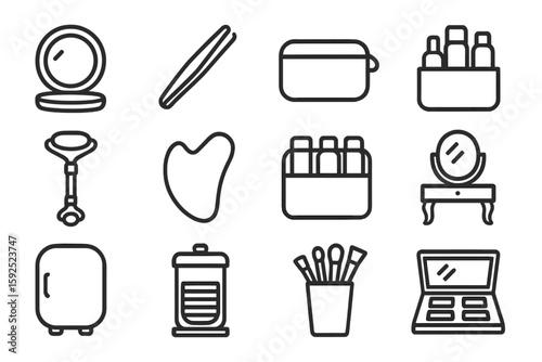 Cosmetic icons set with mirror and makeup tools on dark background