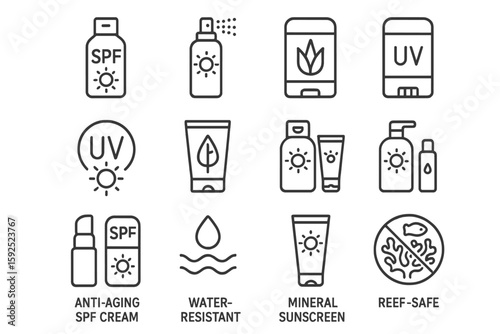 Icons of sunscreen products highlighting spf and uv protection features