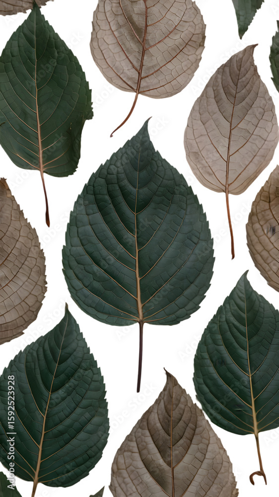 Obraz premium Harmony of Leaves: A stunning visual tapestry composed of various leaves arranged together, each with distinct hues and textures, create a mesmerizing pattern.