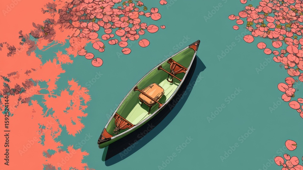 Obraz premium Simplified top-down: Pistachio green canoe centered on powder blue lake, lily pads in coral, mirrored silhouette, no details