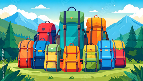 Colorful Backpacks in Mountain Landscape