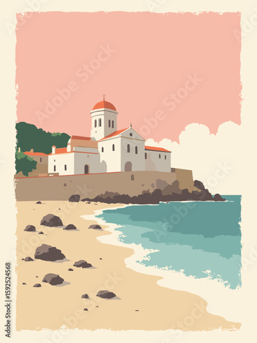 Trani, Italy – Romanesque cathedral by Adriatic waters in limestone white, sea teal, sand beige, and sky pink