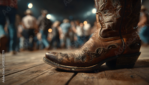 Brown cowboy boot stands on wooden floor at country music dancing party. People in jeans dancing country line dance. Western lifestyle, apparel, vintage clothing for celebration folk event.