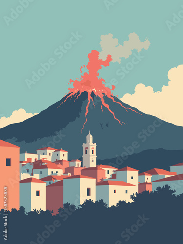 Catania, Italy – Mount Etna erupting behind baroque facades in black lava, crimson, pale ash, and teal