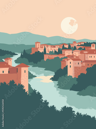 Wallpaper Mural Verona, Italy – Roman amphitheater and river bend in dusty rose, slate, and pine green Torontodigital.ca