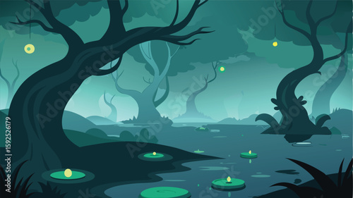 illustration of a tree in the night with water landscape