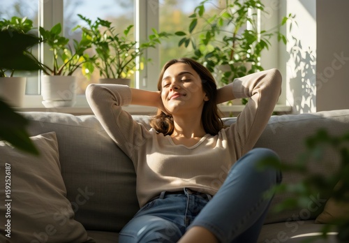 Peaceful Woman Enjoying a Moment of Serene Relaxation on a Sofa in a Sunlit Room, Healthy life style, good vibes people and new home concept