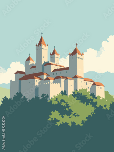 Brescia, Italy – Castle ramparts and medieval towers in moss green, limestone gray, and brown