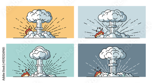 A set of four stylized illustrations depicting powerful mushroom cloud explosions with radiating lines, symbolizing immense destructive force.