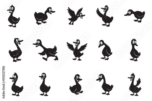 Funny cartoon duck character silhouette set. Vector collection of a goofy retro duckling in various poses like walking, running, and flapping wings