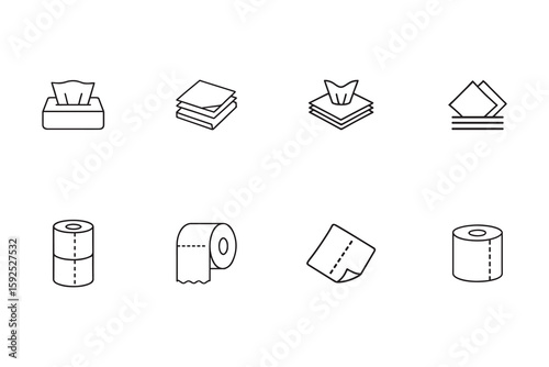 Tissue box and toilet paper roll line icon set. Vector collection of simple outline symbols for hygiene, household, and bathroom products