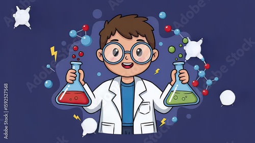 Smiling child scientist in a white lab coat holds red and green beakers against a dark purple background. Pixel art style, cheerful mood.