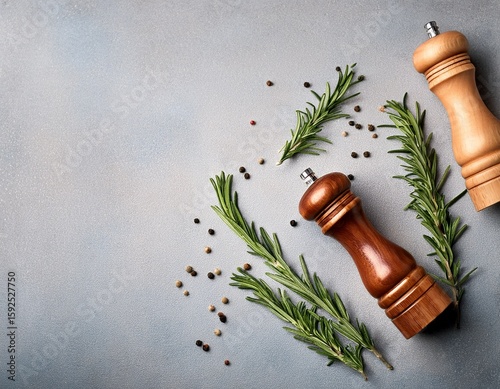 salt and pepper wooden mills or grinders with rosemary on the kitchen table top view