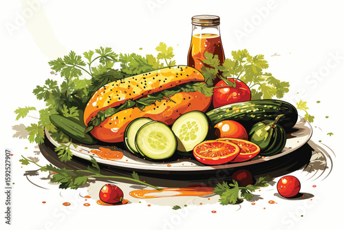 Healthy green salad with avocado feta cheese and fresh vegetables isolated on white background vector and illustration 