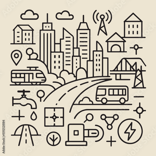 Urban vector illustration with cartoon cars and buildings traveling through a bustling city street