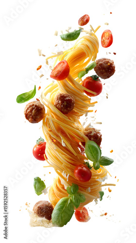 Wallpaper Mural Floating Pasta Paradise: A vibrant display of perfectly cooked spaghetti twirling gracefully with juicy meatballs, cherry tomatoes, and fragrant basil leaves.  A celebration of Italian cuisine. Torontodigital.ca