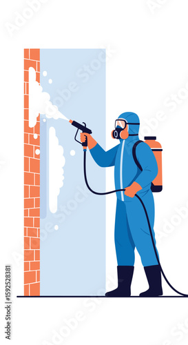 Professional pest control technician safely applying insecticide to an exterior building wall using spraying equipment