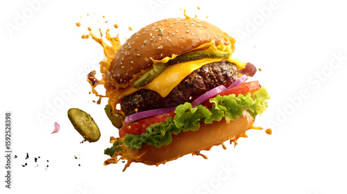 Classic Burger: A close-up view of a delicious burger, artfully crafted with fresh ingredients and an appetizing appearance, ready to enjoy.