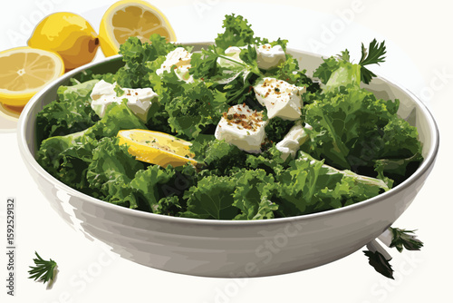 Healthy green salad with avocado feta cheese and fresh vegetables isolated on white background vector and illustration 