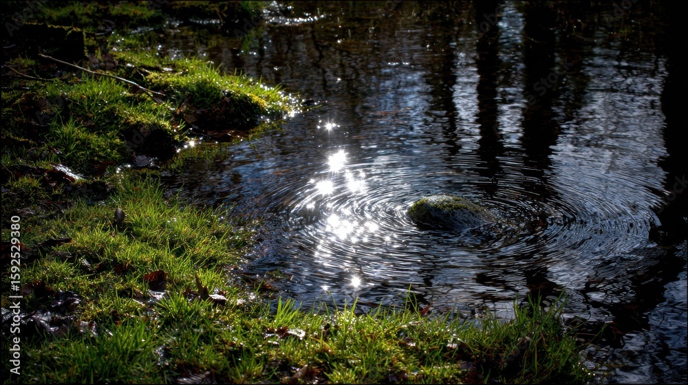 Fototapeta premium Ripples of sunlight on a small woodland pool.