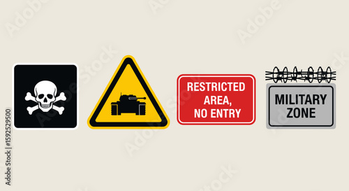 Various warning signs, including a skull and crossbones, a tank symbol, and restricted area notices, indicate danger or military zones.