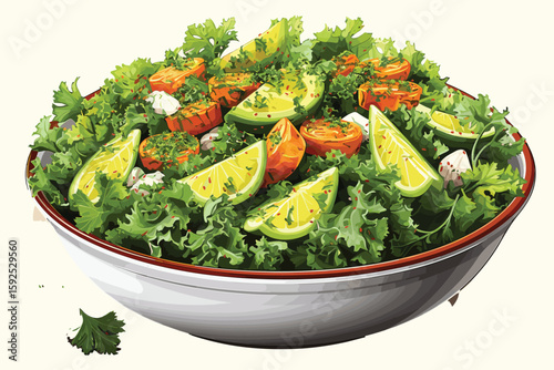 Healthy green salad with avocado feta cheese and fresh vegetables isolated on white background vector and illustration 