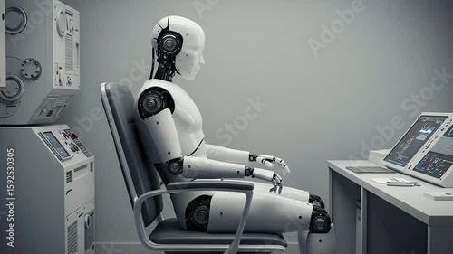 A white humanoid robot sits at a gray desk in a gray room, operating a computer. Neutral lighting.