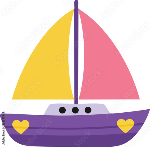 Colorful sailboat with yellow and pink sails and purple hull cute vector illustration for children and nautical themes 