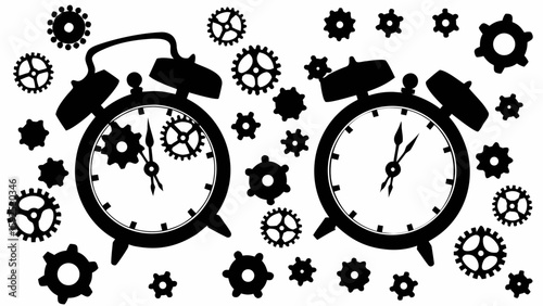 Illustration of two alarm clocks with gears inside and around them in black and white on a white background