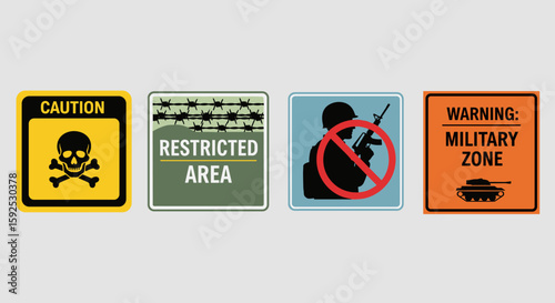 A collection of military and hazard warning signs, including a skull and crossbones, a restricted area notice, and a no weapons symbol, on a light gray background.