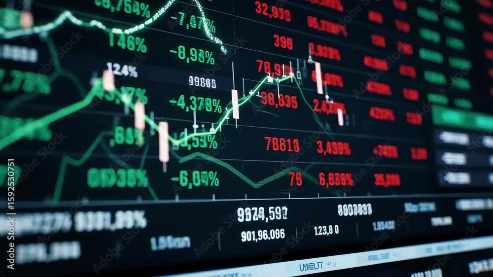Analyzing financial market data on a digital screen showcasing charts and trading information