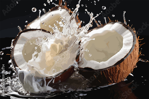 Coconuts watercolor sketch. Fresh Cocos nuts and leaves colorful watercolor paint isolated on BLACKbackground, coconut ingredients painted drawing, coco color vector illustration