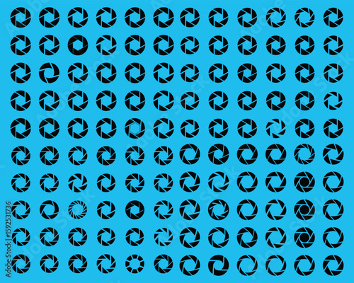 Black camera aperture icons on bright blue background