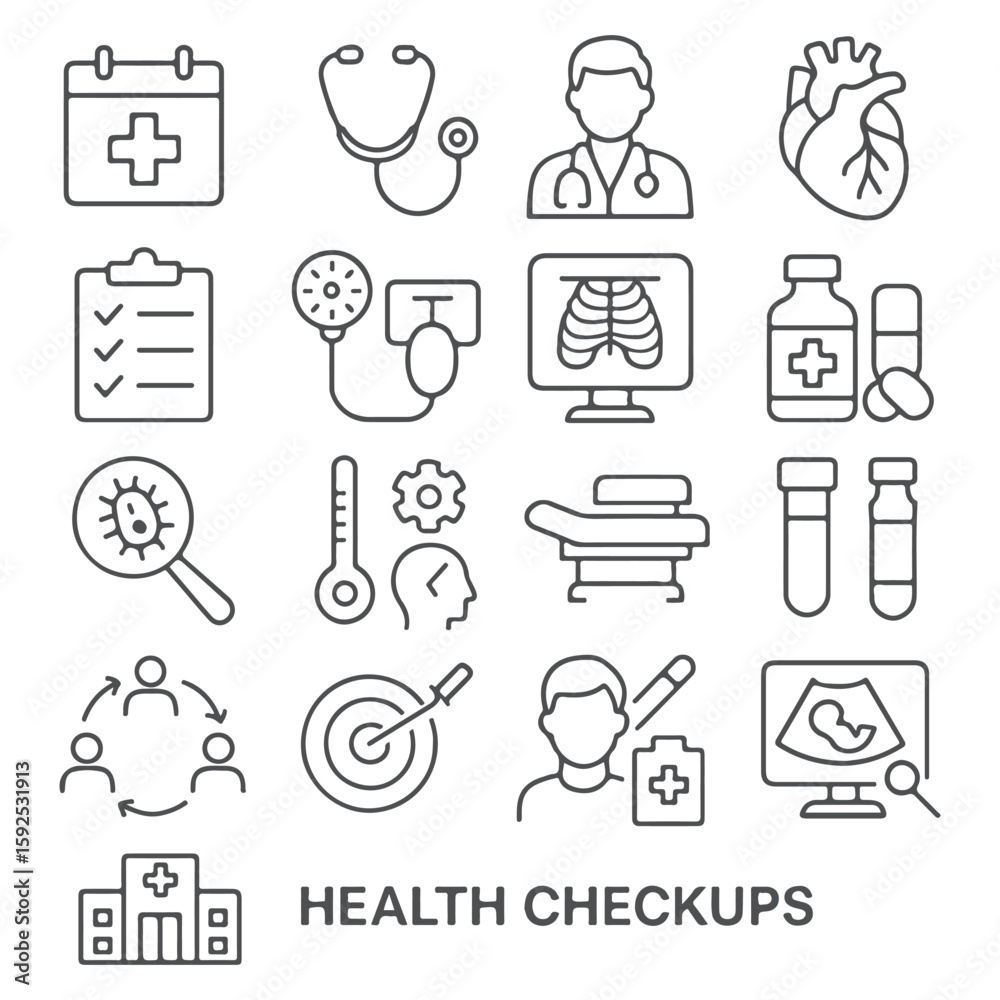 A hand-drawn medical doodle set with heart, syringe, and other health icons A hand-drawn medical doodle set with heart, syringe, and other health icons
