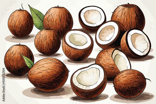 Coconuts watercolor sketch. Fresh Cocos nuts and leaves colorful watercolor paint isolated on white background, coconut ingredients painted drawing, coco color vector illustration