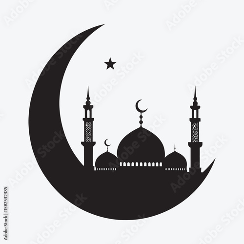 Solid black crescent moon, simple curved shape, Islamic and celestial style
