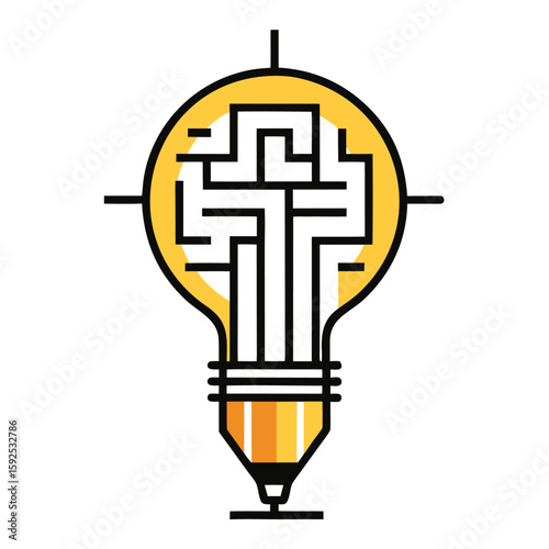 Pencil sketch of a complex maze leading to a bright idea lightbulb symbolizing problem solving and innovation
