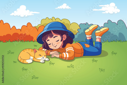 A young girl and her cat are relaxing together on the grass, enjoying a peaceful moment.