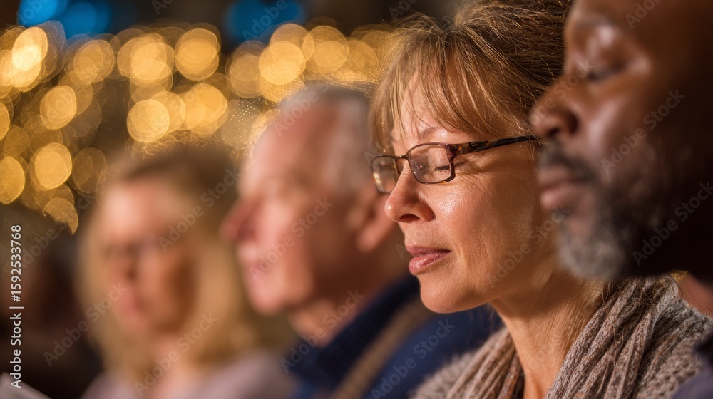 Fototapeta premium Diverse group meditating with closed eyes in peaceful ambient lighting