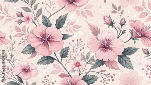 Vector Illustration Seamless Pattern Rose of Sharon Flowers Pastel Pink Background For Print On Fabric Or Wallpaper.