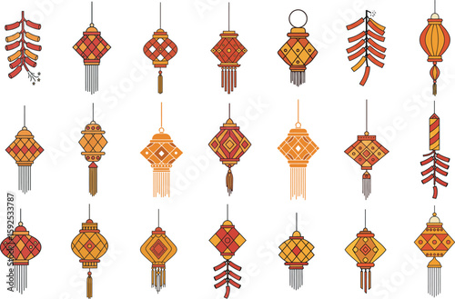 Flat Vector Set of Colorful Diwali Lanterns and Firecrackers for Festival Decoration .

